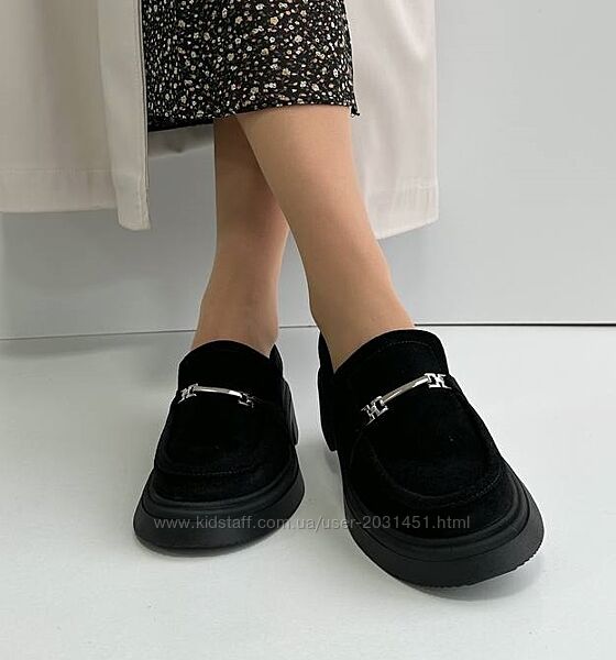 Туфли женские лоферы замшевые черные, натуральная замша, фабричные