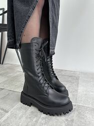 Ботинки женские кожаные зимние, высокие, Черные