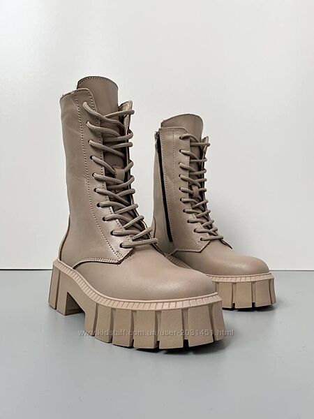 Ботинки женские в стиле берцы, зимние, кожаные, Бежевые