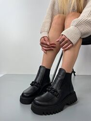 Челси с цепочкой, кожаные зимние  на меху, ботинки женские, черные