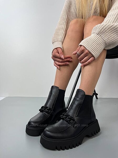 Челси с цепочкой, кожаные зимние  на меху, ботинки женские, черные