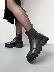 Челси - ботинки женские кожаные зимние на меху, черные