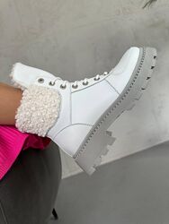 Ботинки женские кожаные зимние, с мехом тедди teddy, Белые - Серые