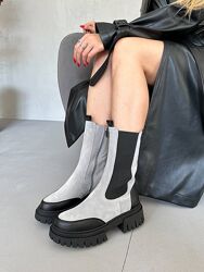 Ботинки женские зимние замшевые, на меху, серые - черные