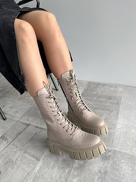   Ботинки в стиле берцы женские кожаные под рептилию, демисезонные, бежевые