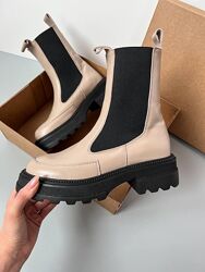 Челси ботинки женские кожаные деми на байке, Бежевые - черные вставки