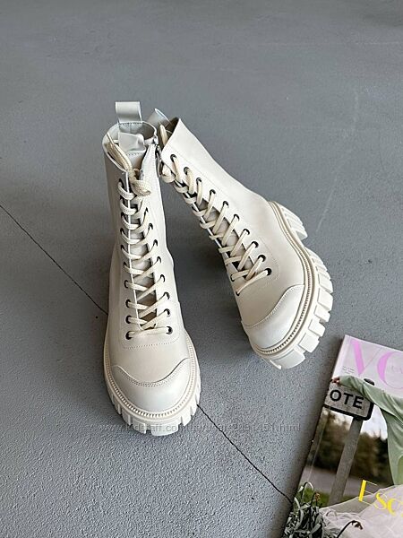 Ботинки женские берцы кожаные демисезонные, весенние осенние, молочные