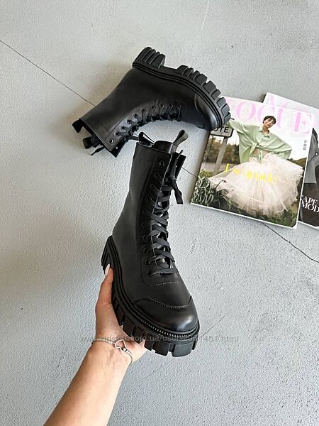 Ботинки женские берцы кожаные демисезонные, весенние осенние, черные