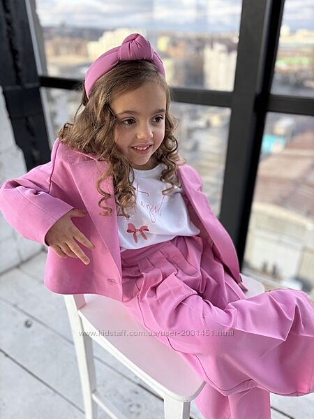 Костюм детский брючный, пиджак укороченный, брюки широкие, розовый