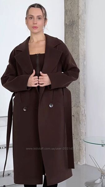 Пальто женское длинное демисезонное двубортное оверсайз, шерстяное, шоколад