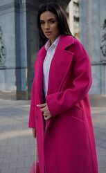 Пальто женское длинное демисезонное оверсайз, шерстяное, малиновое 
