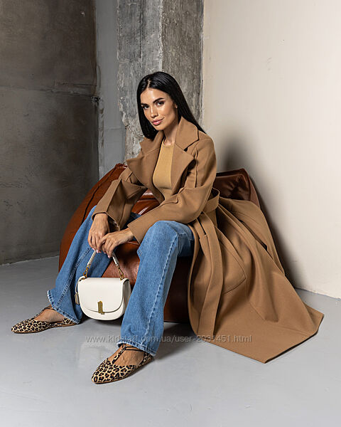 Пальто - халат женское длинное демисезонное, шерстяное, на запАх черное