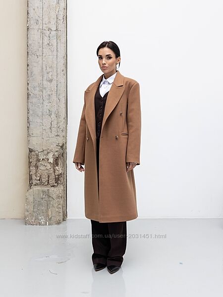 Пальто женское демисезонное двубортное шерстяное, деловое, коричневое