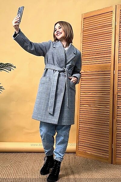 Пальто женское демисезонное оверсайз, шерстяное, клетчатое, серое в клетку