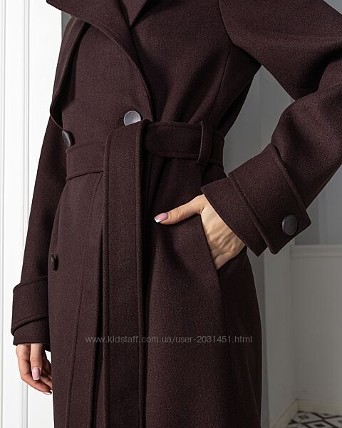 Пальто женское длинное демисезонное шерстяное двубортное элегантное шоколад