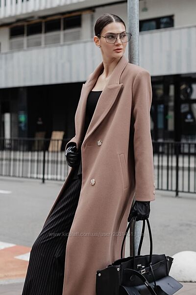 Пальто женское длинное демисезонное, двубортное, с поясом, мокко