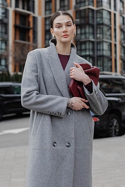 Пальто женское длинное демисезонное, двубортное, с поясом, деловое, серое