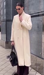 Пальто женское длинное демисезонное, двубортное, с поясом, молочное