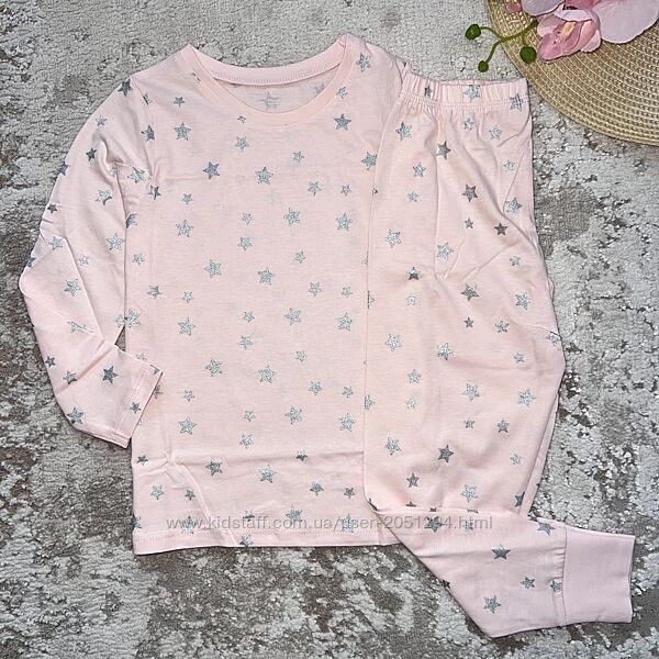 Піжама котонова для дівчинки ніжно рожевого кольору в срібну зірочку штани