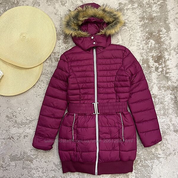 Тепла куртка єврозима підліткова під поясок, з капюшоном,  на опушці мяке 