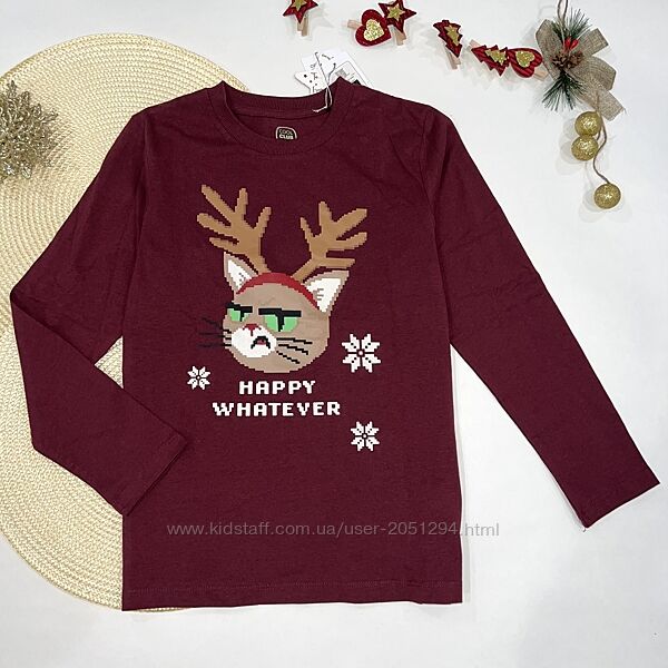 Кофта котонова кольору бордо  з новорічним принтом. 100 котон Розмір 134 