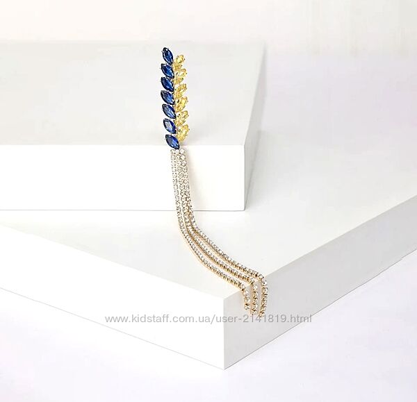 Трендовая брошь колос пшеницы со стразовыми цепочками, брошь колосок