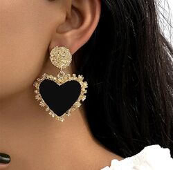 Серьги черные сердечки, винтажные серьги в форме сердец, сережки сердечки