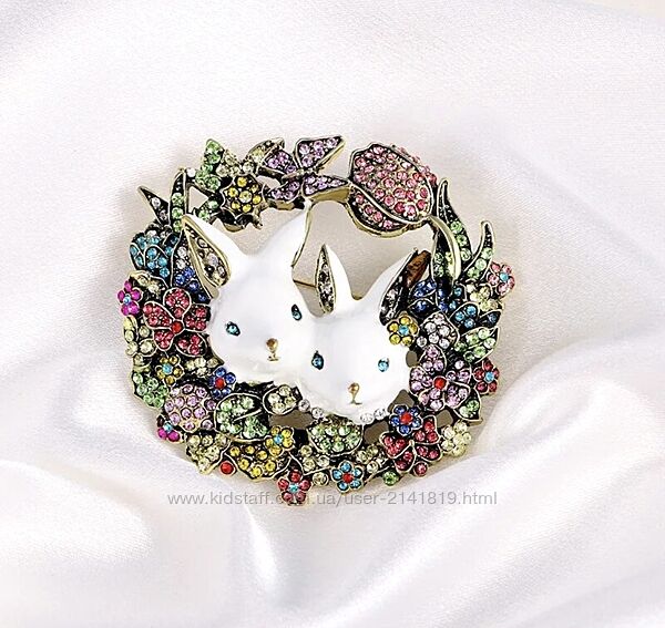 Шикарная брошь зайчики, весенняя ретро брошка пасха, пасхальная брошь