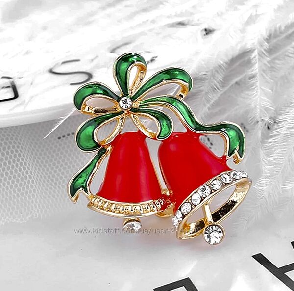 Брошь с эмалью новогодние колокольчики. новогодняя брошка, брошь новый год