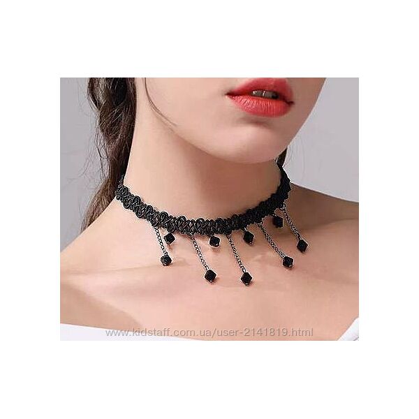 Черный чокер кружево с бусинами, кружевной ажурный чокер кристаллы, черный