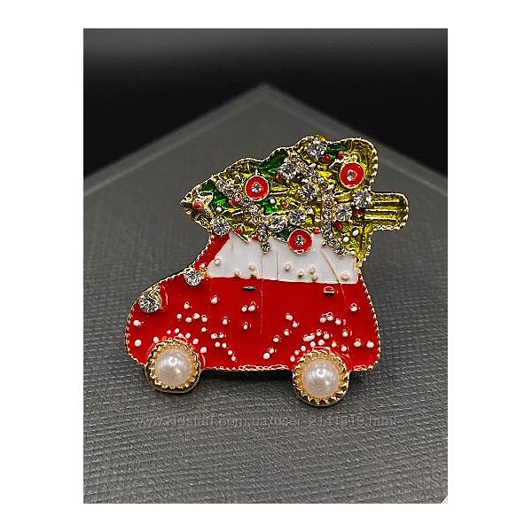 Брошь новогодняя машинка, зимняя брошь на подарок, брошка красная машинка