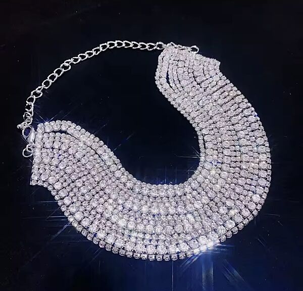 Красивый многослойный чокер стразы, широкое ожерелье со стразами серебро