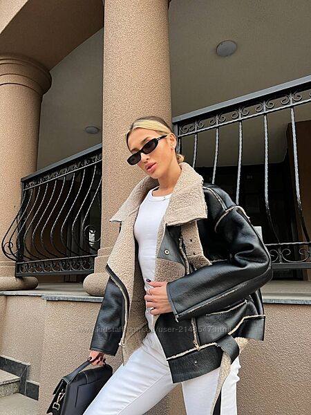 Стильна жіноча дублянка з еко шкіри на хутрі