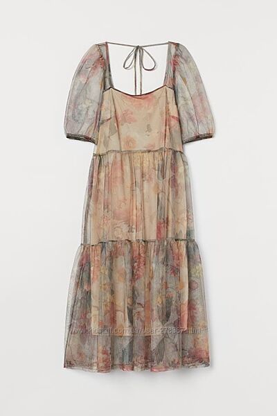 Сукня H&M Multicolored Puff-Sleeved Mesh Dress ярусна пляття платье сітка